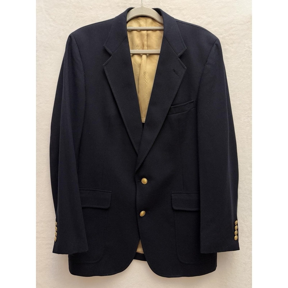Hart Schaffner Marx Navy Blazer Gold Anchor Buttons Virgin Wool‎ 44 VTG 70s